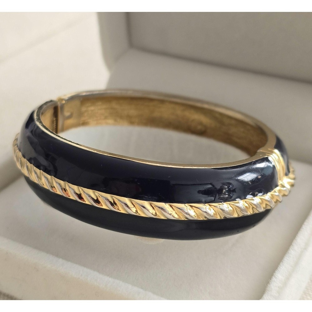 Vintage Saint John Navy Blue & Gold Enamel Bangle w/Rope Detail Signed Bracelet